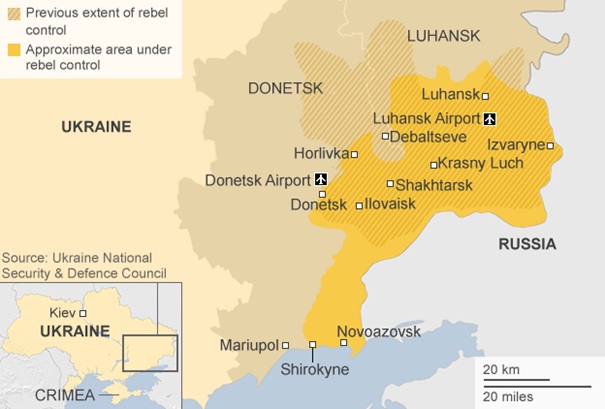 Az ukrán szeparatisták által ellenőrzött területek (Forrás: bbc.com)