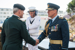 General Knud Bartels, Chairman of the NATO Military Committee greets Air Vice Marshal Kevin Short, Vice Chief of the New Zealand Armed Forces.