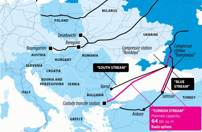 A tervezett Török Áramlat, valamint egyéb orosz gázvezetékek útvonalai.   (forrás: Bosnia Today, http://www.bosniatoday.ba/wp-content/uploads/2015/04/turkish-stream.jpg)