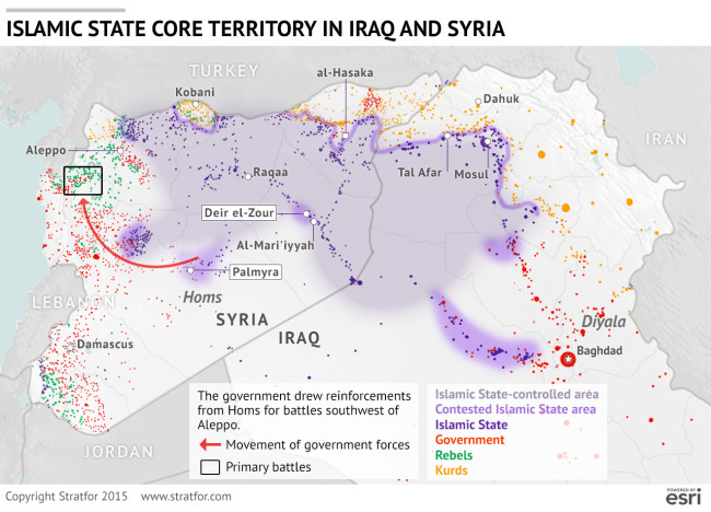 Az Iszlám Állam által uralt iraki és szíriai területek. (Forrás: https://www.stratfor.com/image/understanding-strategic-shift-syria) 